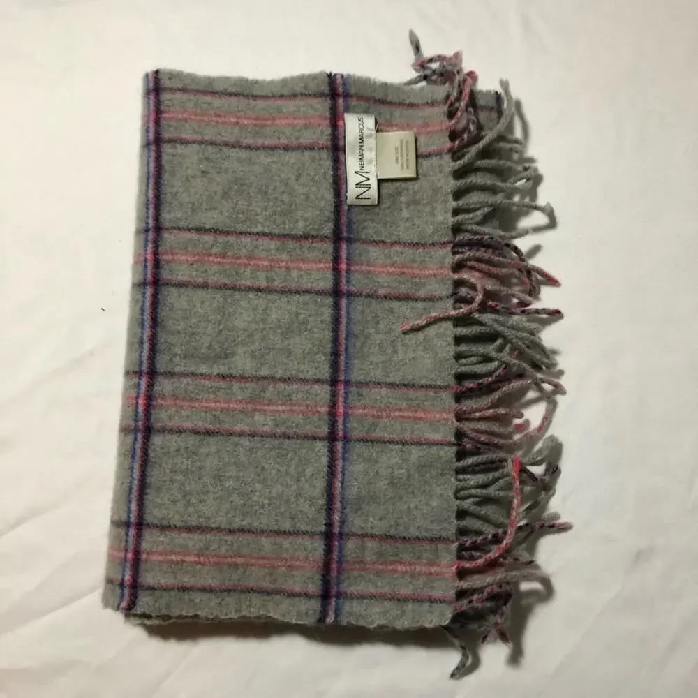 Neumann Marcus cashmere plaid grey purple pink fringe scarf 11.5”x56”